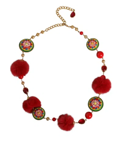 Dolce & Gabbana Gold Brass Red Fur Crystal Waist Torero Women's Belt In Multi
