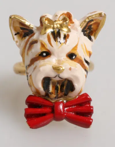 Dolce & Gabbana Gold Brass Resin Beige Dog Pet Accessory Ring In Red