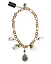 Dolce & Gabbana Gold Brass Short Chain Flower Crystal Pendant Women's Necklace In Gold