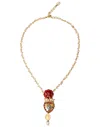 Dolce & Gabbana Gold Brasschain Sacred Heart Rose Crystal Charm Necklace In Red