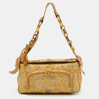 Pre-owned Dolce & Gabbana Gold Brocade Fabric And Leather Frame Pocket Shoulder Bag