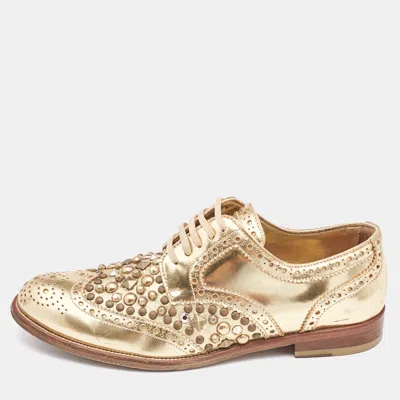 Pre-owned Dolce & Gabbana Gold Brogue Leather Studded Derby Size 38.5