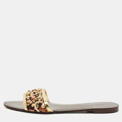 Pre-owned Dolce & Gabbana Gold Calf Hair And Leather Crystal Embellished Flat Slide Size 40