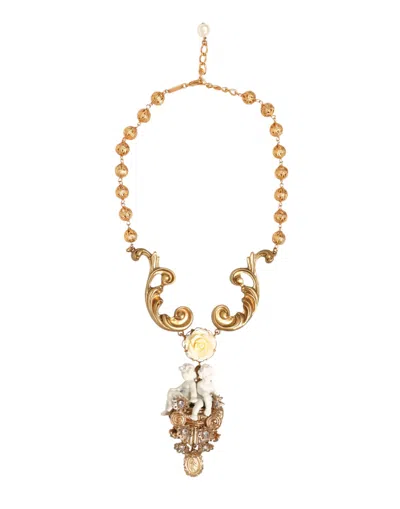Dolce & Gabbana Gold Ceramic Crystal Cherub Baroque Pendant Necklace In Multi