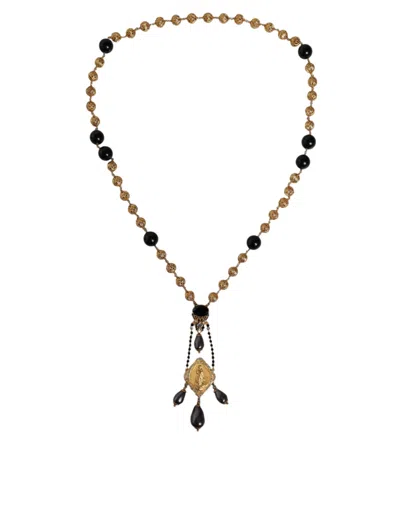 Dolce & Gabbana Gold Chain Brass Black Beaded Rosary Style Women's Necklace In Multi