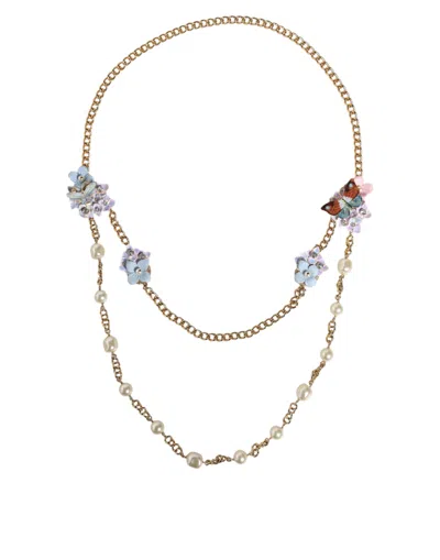Dolce & Gabbana Gold Chain Brass Floral Layered Crystal Pearl Necklace In Red