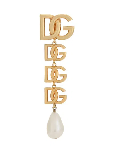 Dolce & Gabbana Gold-colored Single Earring With Dg Logo And Pearl Design In Bronze Woman