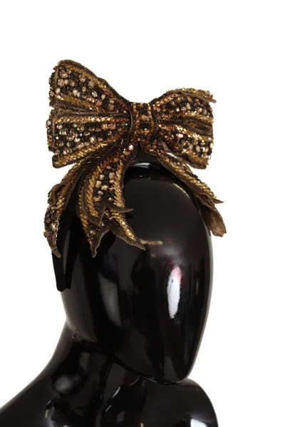 Dolce & Gabbana Gold Crystal Beaded Sequined Silk Bow Headband In Brown