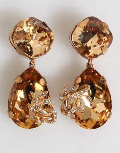 Dolce & Gabbana Gold Crystal Drop Clip-on Strass Floral Jewelry Earrings