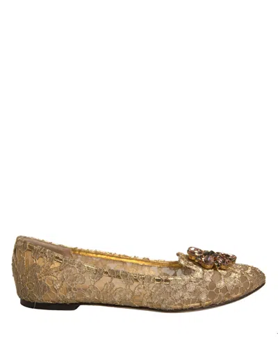 Pre-owned Dolce & Gabbana Gold Crystal Loafer Lace Ballet Flats Women's Shoes ()