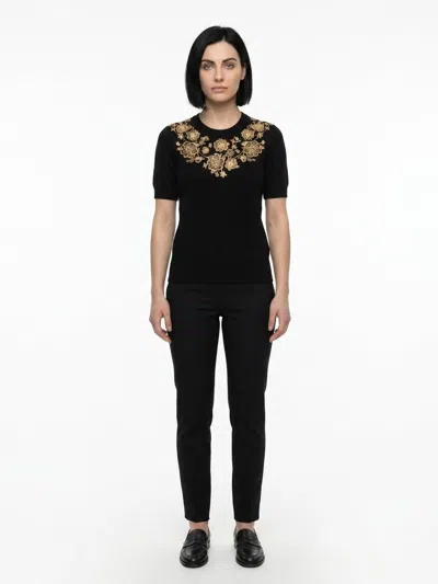 Dolce & Gabbana Gold Embroidered Wool Sweater In Black