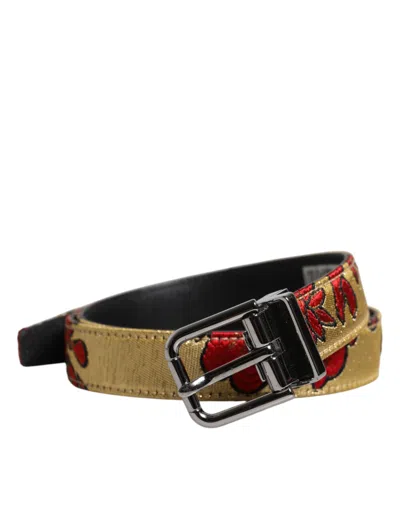 Pre-owned Dolce & Gabbana Gold Floral Jacquard Leather Metal Buckle Men's Belt ()