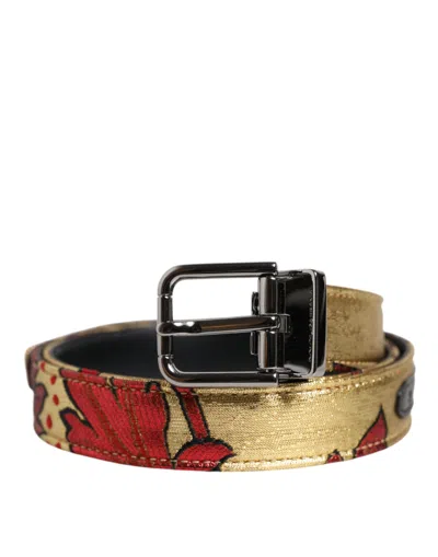 Dolce & Gabbana Gold Floral Jacquard Silver Metal Buckle Men's Belt