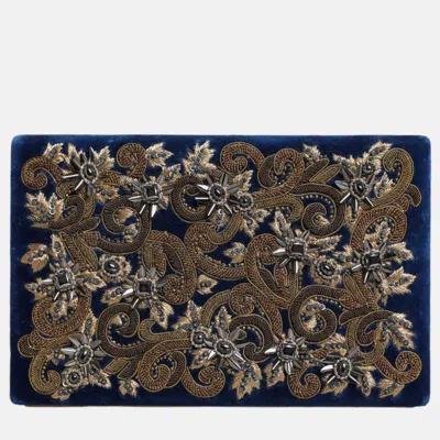 Pre-owned Dolce & Gabbana Gold Frame Blue Velvet Clutch Evening Purse Bag
