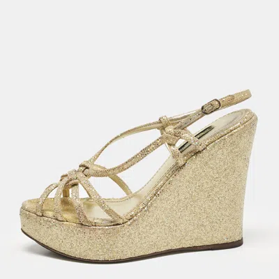 Pre-owned Dolce & Gabbana Gold Glitter And Canvas Wedge Sandals Size 36