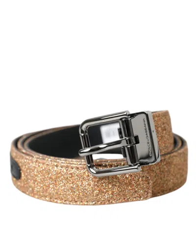 Dolce & Gabbana Glitter Leather Belt Reversible Metal Buckle In Brown