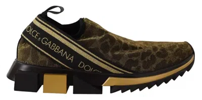 Dolce & Gabbana Gold Glitter Leopard Sorrento Sneakers Shoes In Brown