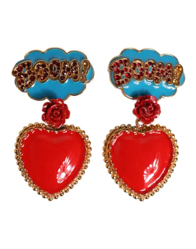 Dolce & Gabbana Gold Heart Boom Cartoon Crystal Clip-on Earrings In Red