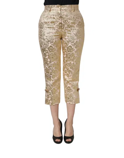 Dolce & Gabbana Gold Jacquard Floral Lamé Crop Trouser Women's Pants In Brown
