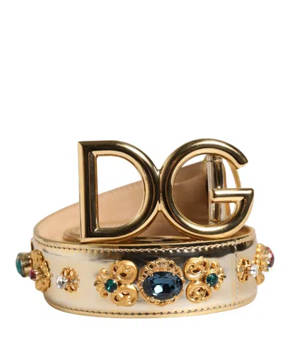 Pre-owned Dolce & Gabbana Gold Leather Crystals Logo Metal Buckle Women's Belt ()