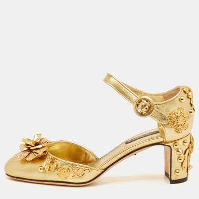 Pre-owned Dolce & Gabbana Gold Leather Embellished Ankle Strap Sandals Size 35