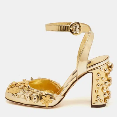 Pre-owned Dolce & Gabbana Gold Leather Embellished Ankle Wrap Sandals Size 35
