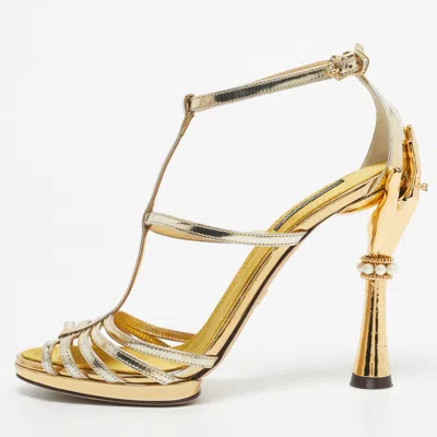 Pre-owned Dolce & Gabbana Gold Leather Embellished Strappy Sandals Size 38.5