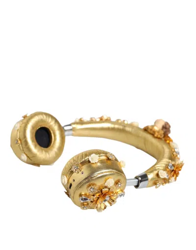 Dolce & Gabbana Gold Leather Floral Crystal Angel Headset Headphones Accessory