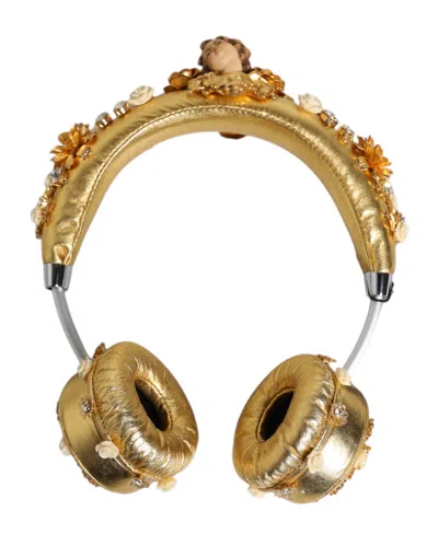 Dolce & Gabbana Gold Leather Floral Crystal Angel Headset Headphones Accessory