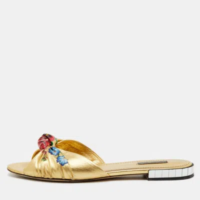 Pre-owned Dolce & Gabbana Gold Leather Floral Print Knot Flat Slide Sandals Size 41
