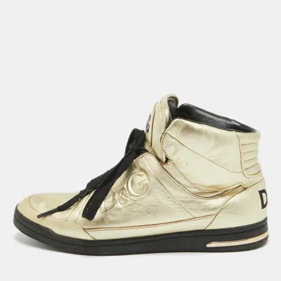 Pre-owned Dolce & Gabbana Gold Leather High Top Sneakers Size 37.5 In Metallic