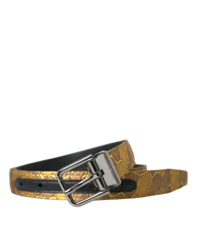 Dolce & Gabbana Gold Leather Jacquard Silver Metal Buckle Belt