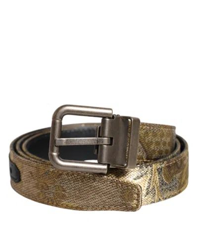 Pre-owned Dolce & Gabbana Gold Leather Jacquard Silver Metal Buckle Men's Belt ()