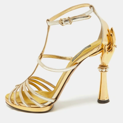 Pre-owned Dolce & Gabbana Gold Leather With Sculpted Ankle Strap Sandals Size 39.5