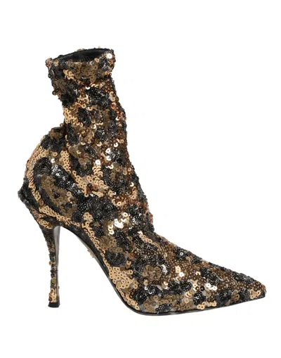 Dolce & Gabbana Gold Leopard Sequin Sock Ankle Boots Women's Shoes