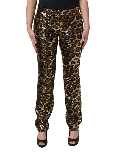 Dolce & Gabbana Gold Leopard Sequined Straight Trouser Pants