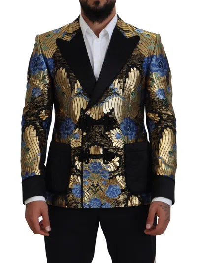 Dolce & Gabbana Gold Lurex Floral Double-breasted Blazer In Black
