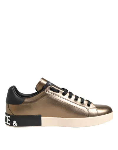 Dolce & Gabbana Gold Portofino Leather Low Top Sneakers Shoes In Multi