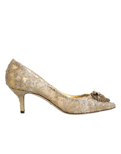 Dolce & Gabbana Gold Taormina Lace Devotion Pumps Shoes In Neutral