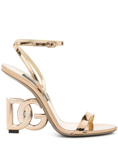 Dolce & Gabbana Gold-toned Sandals With Dg Logo Heel In Laminated Leather Woman