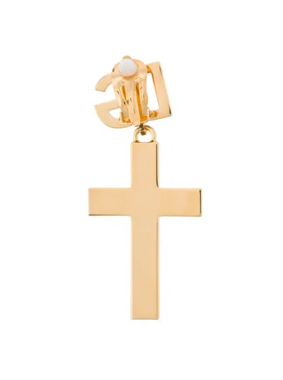 Dolce & Gabbana Gold Tone Earrings With Cross Pendant In Brass Woman In Grey