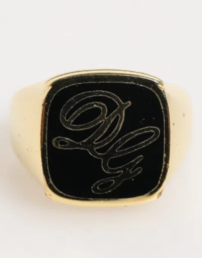 Dolce & Gabbana Gold Tone Enamel Brass Signet Dg Logo Adjustable Ring In Black