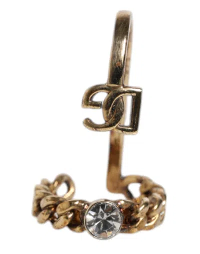 Pre-owned Dolce & Gabbana Gold Tone Engraved Logo Clear Crystals Adjustable Men's Ring ()