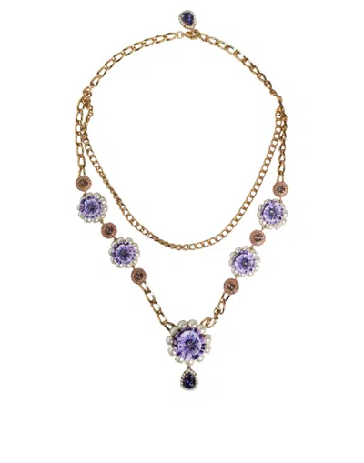Pre-owned Dolce & Gabbana Gold Tone Floral Crystals Embellished Layered Women's Necklace ()