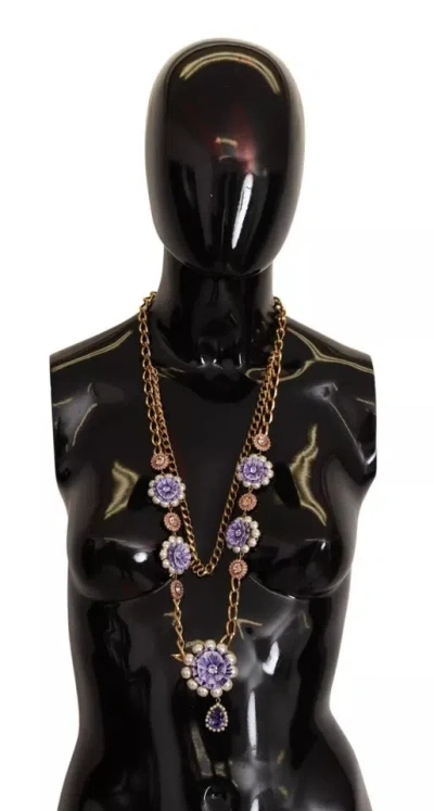Pre-owned Dolce & Gabbana Gold Tone Floral Crystals Purple Embellished Women's Necklace ()