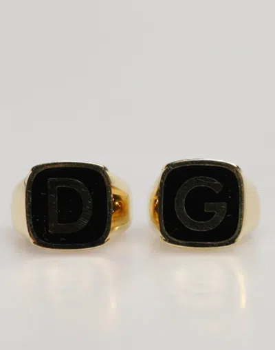 Dolce & Gabbana Gold-tone Real Brass Black Enamel "dg" Adjustable Rings