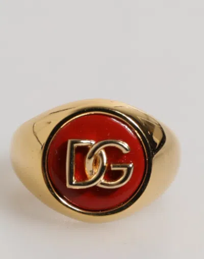 Dolce & Gabbana Gold Tone Real Brass Round Red Dg Logo Men Ring In Multi
