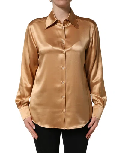 Dolce & Gabbana Gold Tone Satinfinish Silk Collared Shirt Top In Brown