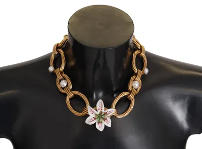 DOLCE & GABBANA DOLCE & GABBANA GOLD WHITE LILY FLORAL CHAIN STATEMENT WOMEN'S NECKLACE