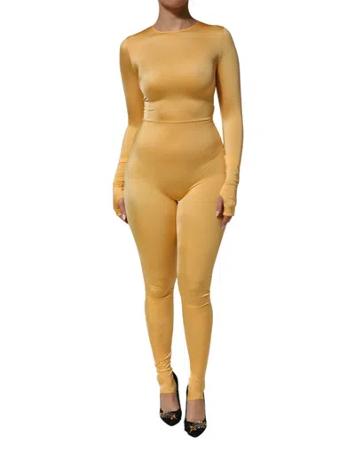 Pre-owned Dolce & Gabbana Gold Yellow Stretch Long Sleeve Bodysuit Women's Dress ()